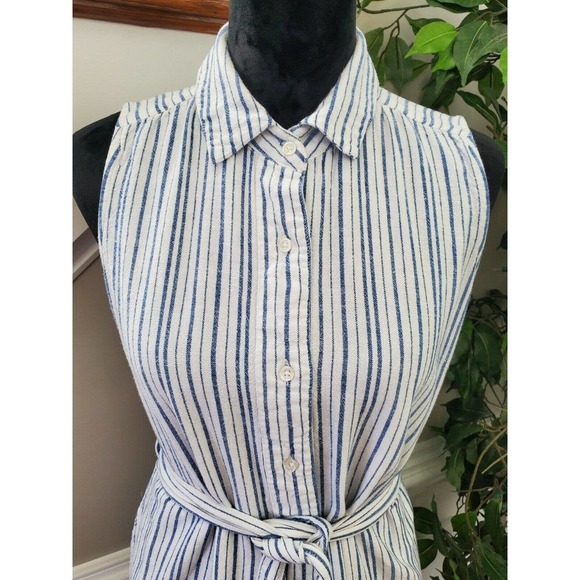 Old Navy Women Blue & White Linen Sleeveless Collared Knee Length Dress Size M - Picture 5 of 16